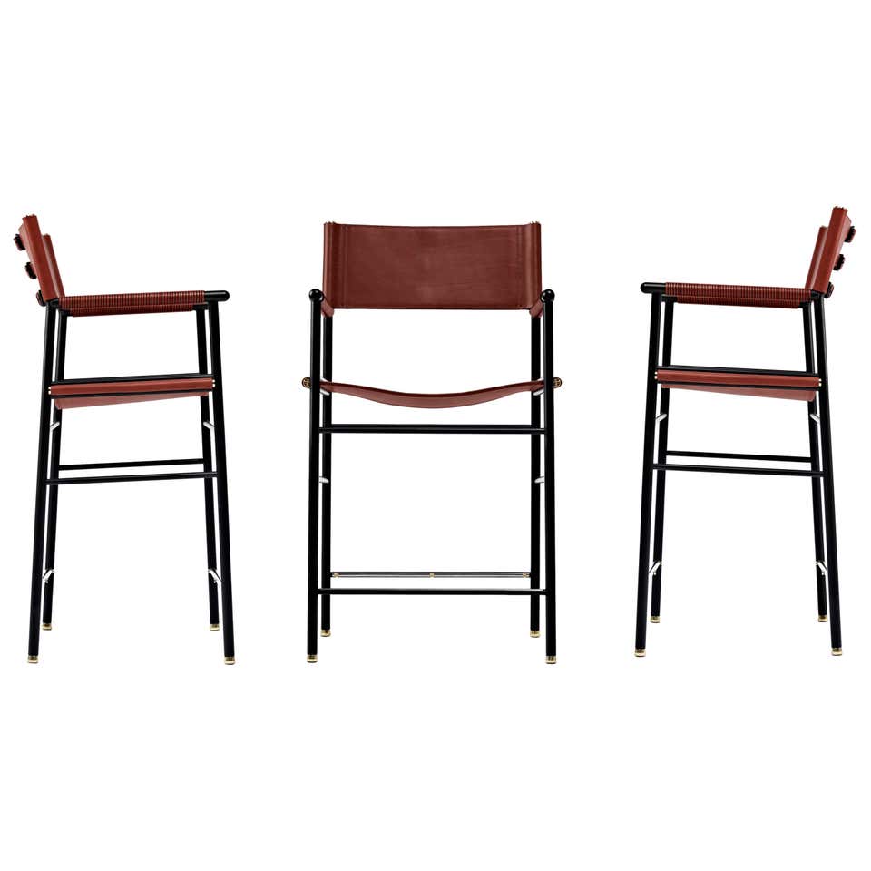Thonet S 39 L Cognac Vegetal Leather Bar Stool Chair Mart Stam Set of 3 ...