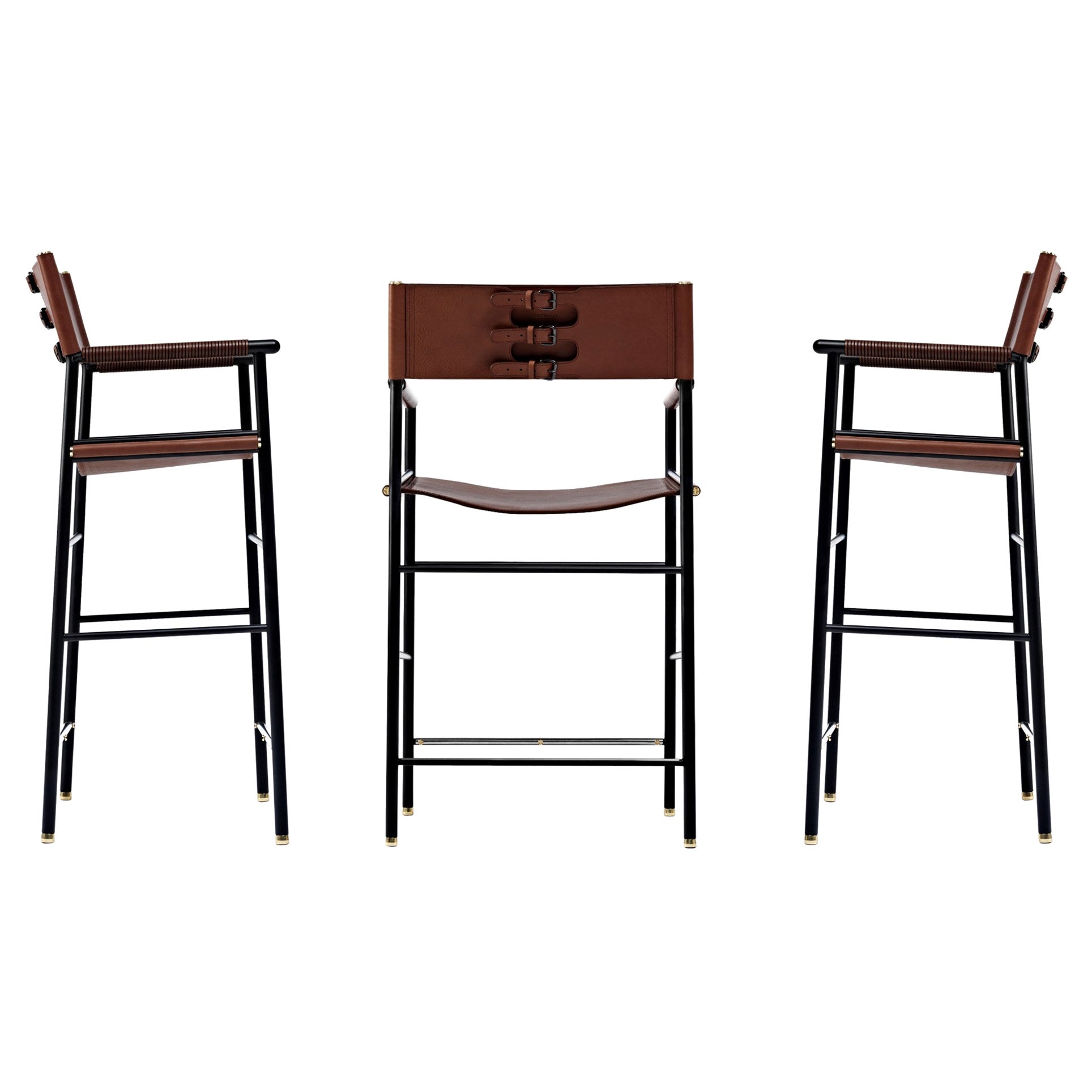 Set di 3 sgabelli da bar artigianali con. Schienale in pelle marrone scuro Metallo gommato nero