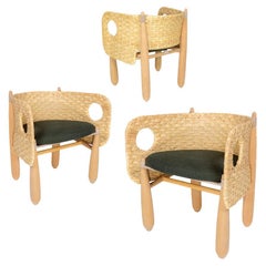Conjunto de 3 Sillones Aruanã de interior de madera maciza, ratán natural