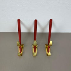 set of 3 Auböck Style red brass Wardrobe Hook Coat Rack Elements, Austria 1950s