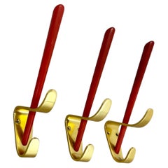 set of 3 Auböck Style red brass Wardrobe Hook Coat Rack Elements, Austria 1950s