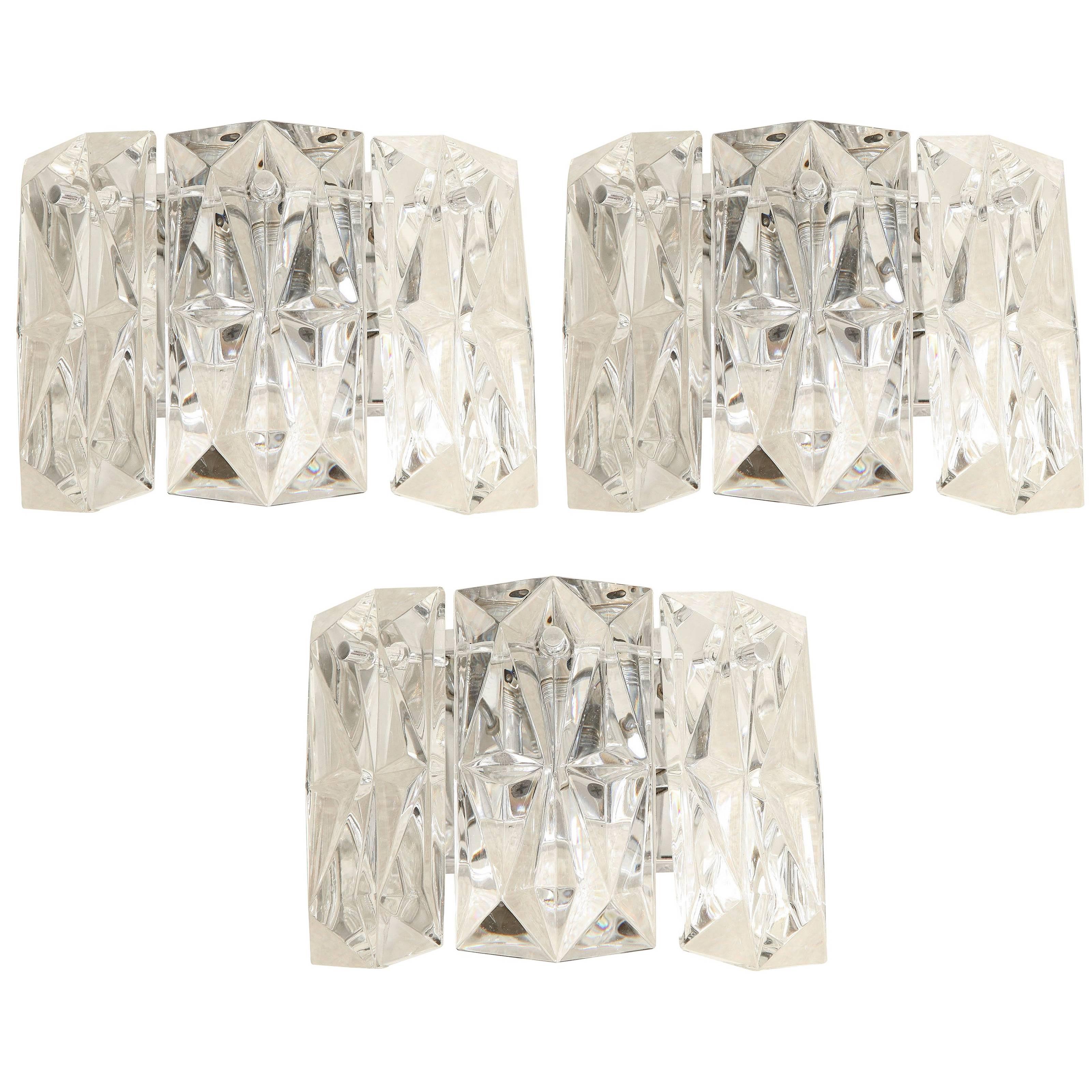 Set of 3 Austrian Faceted Crystal Prism Sconces