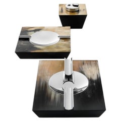Set Of 3 Bacco Smoking Lighter & Ash Trays in Horn, Brass & Wood by Arcahorn