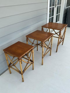 Set of 3 Bamboo and Rattan Nesting or Stacking Side Tables