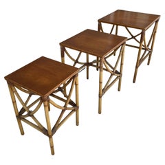 Set of 3 Bamboo and Rattan Nesting or Stacking Side Tables