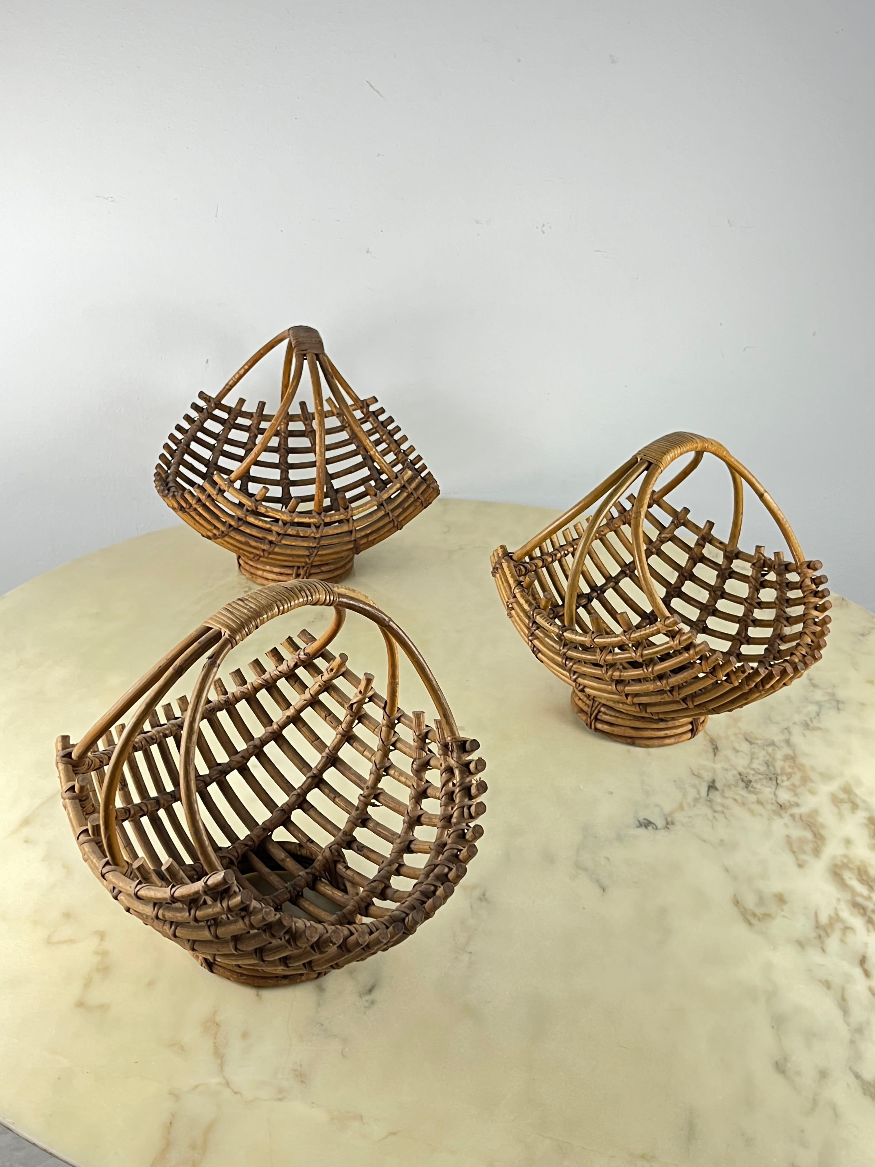 Italian Set of 3 Bamboo Baskets, Italy, 1960s For Sale