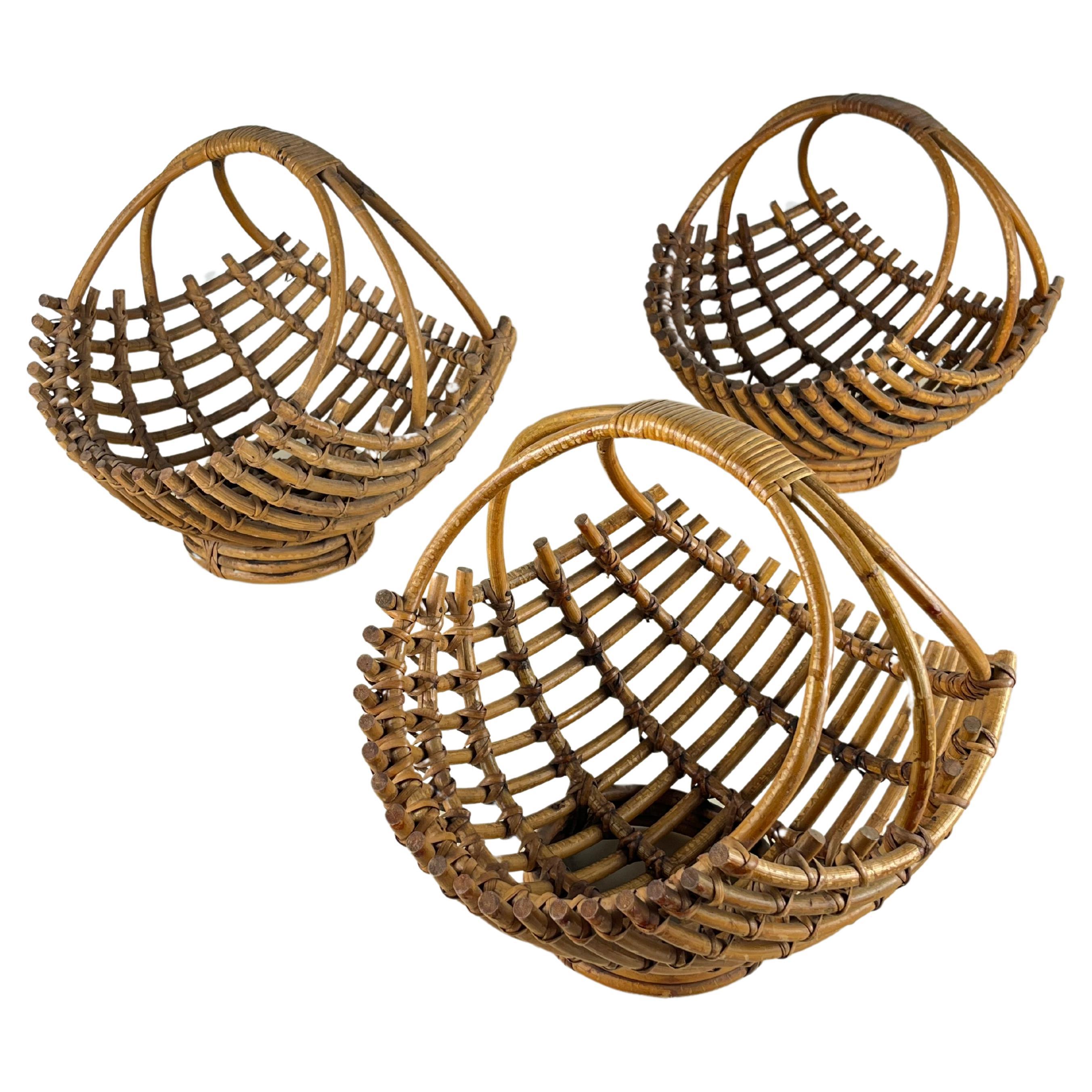 Set of 3 Bamboo Baskets, Italy, 1960s