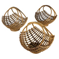 Vintage Set of 3 Bamboo Baskets, Italy, 1960s