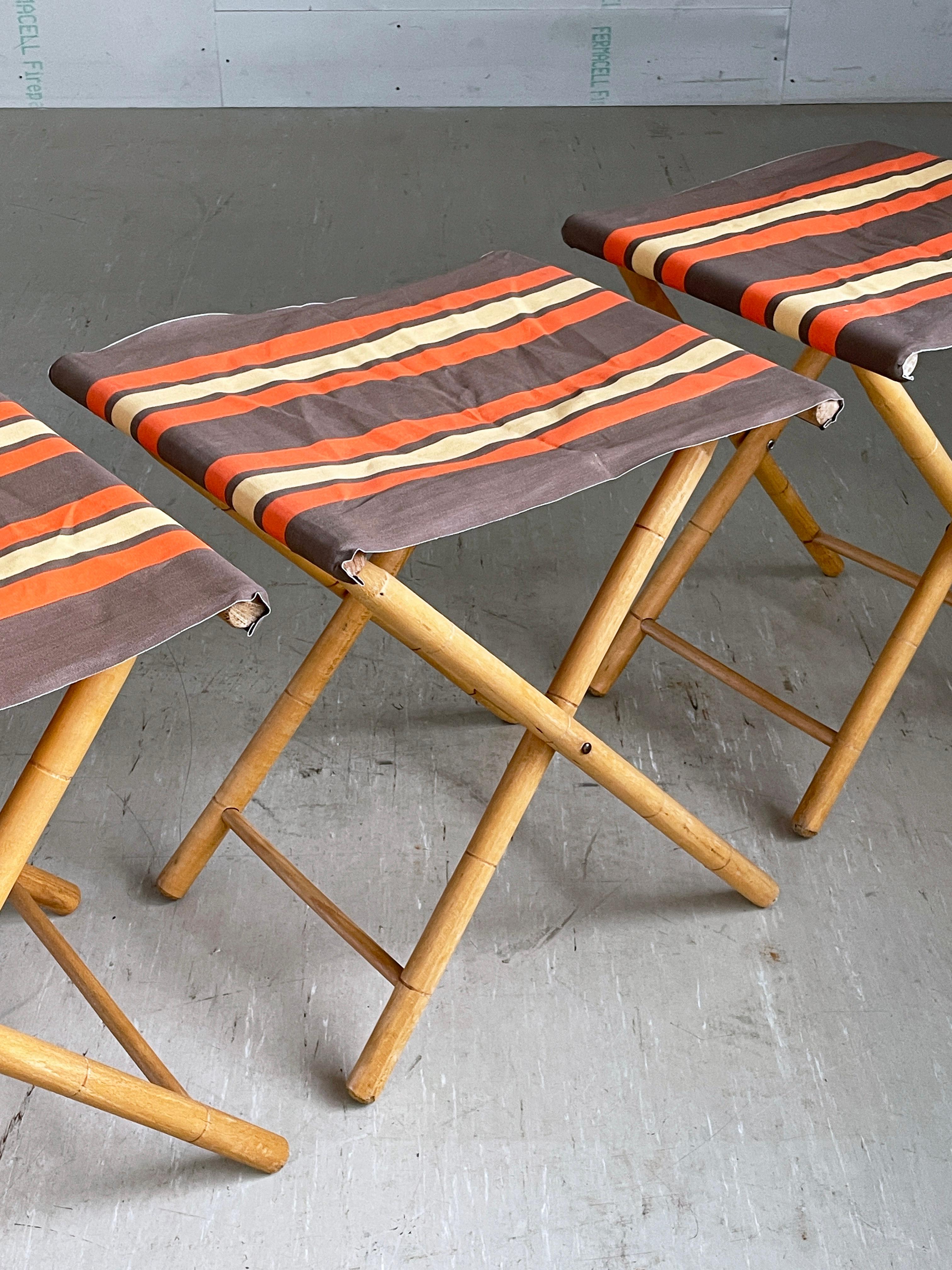 Fabric Set of 3 Bamboo Camping Chairs, 1960's For Sale