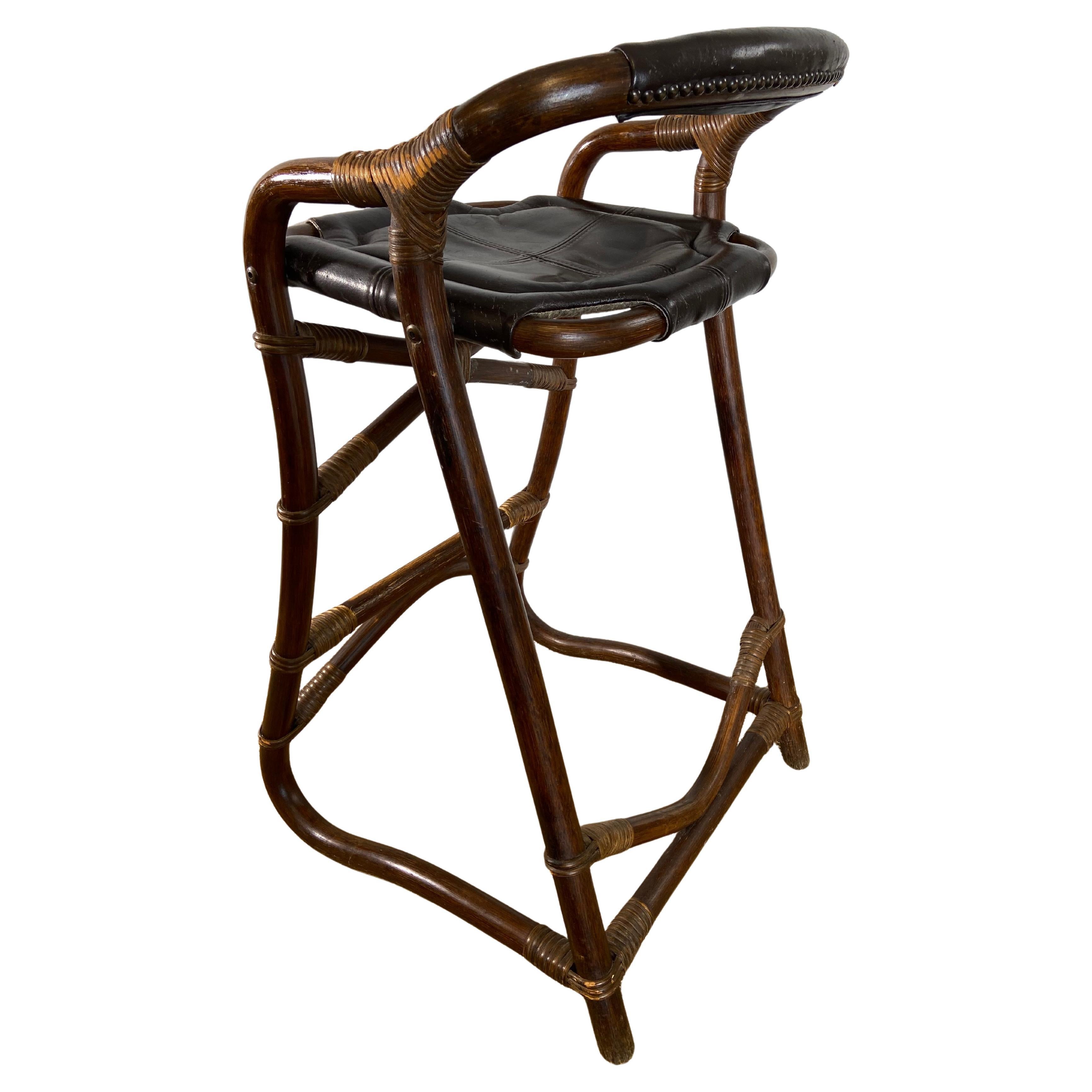 Set of 3 Bamboo 
Leather Bar Stools by HORSNÆ, Denmark, 1970s