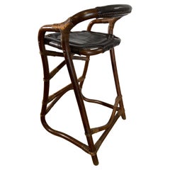 Set of 3 Bamboo & Leather Bar Stools by HORSNÆ, Denmark, 1970s