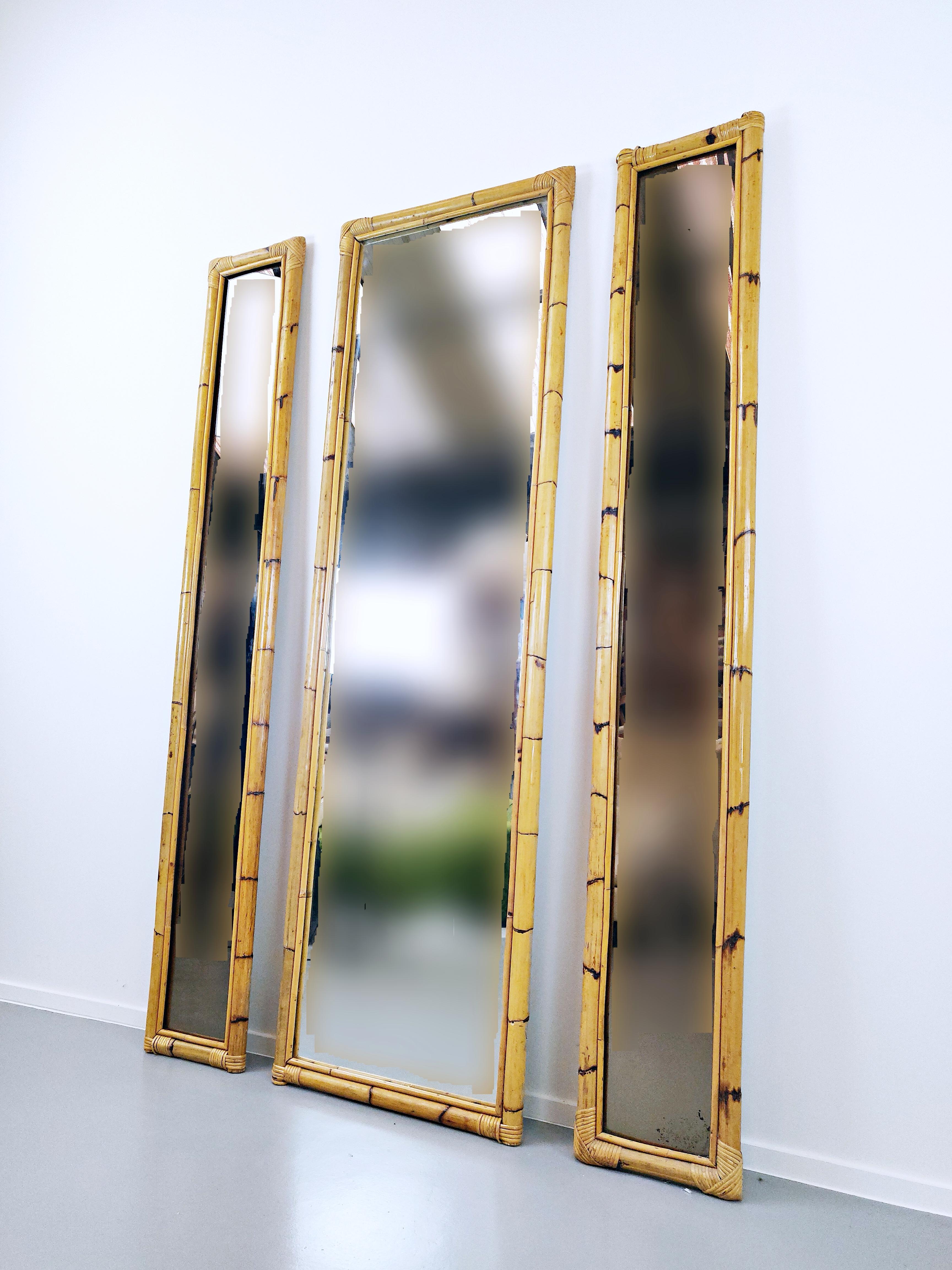 Italian Set of 3 Mid-Century Modern Bamboo Mirrors, Italy