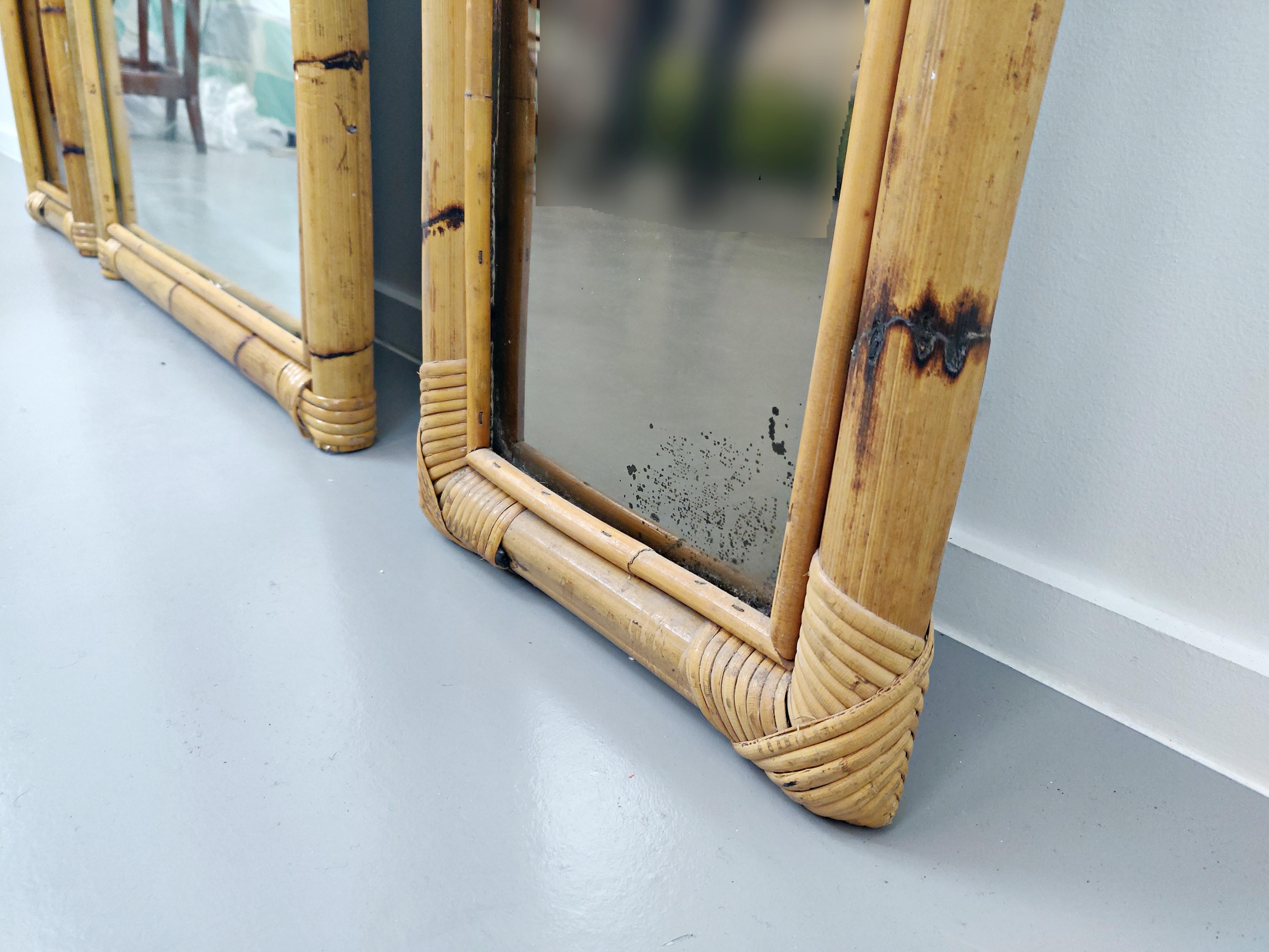 Set of 3 Mid-Century Modern Bamboo Mirrors, Italy In Fair Condition In Brussels, BE