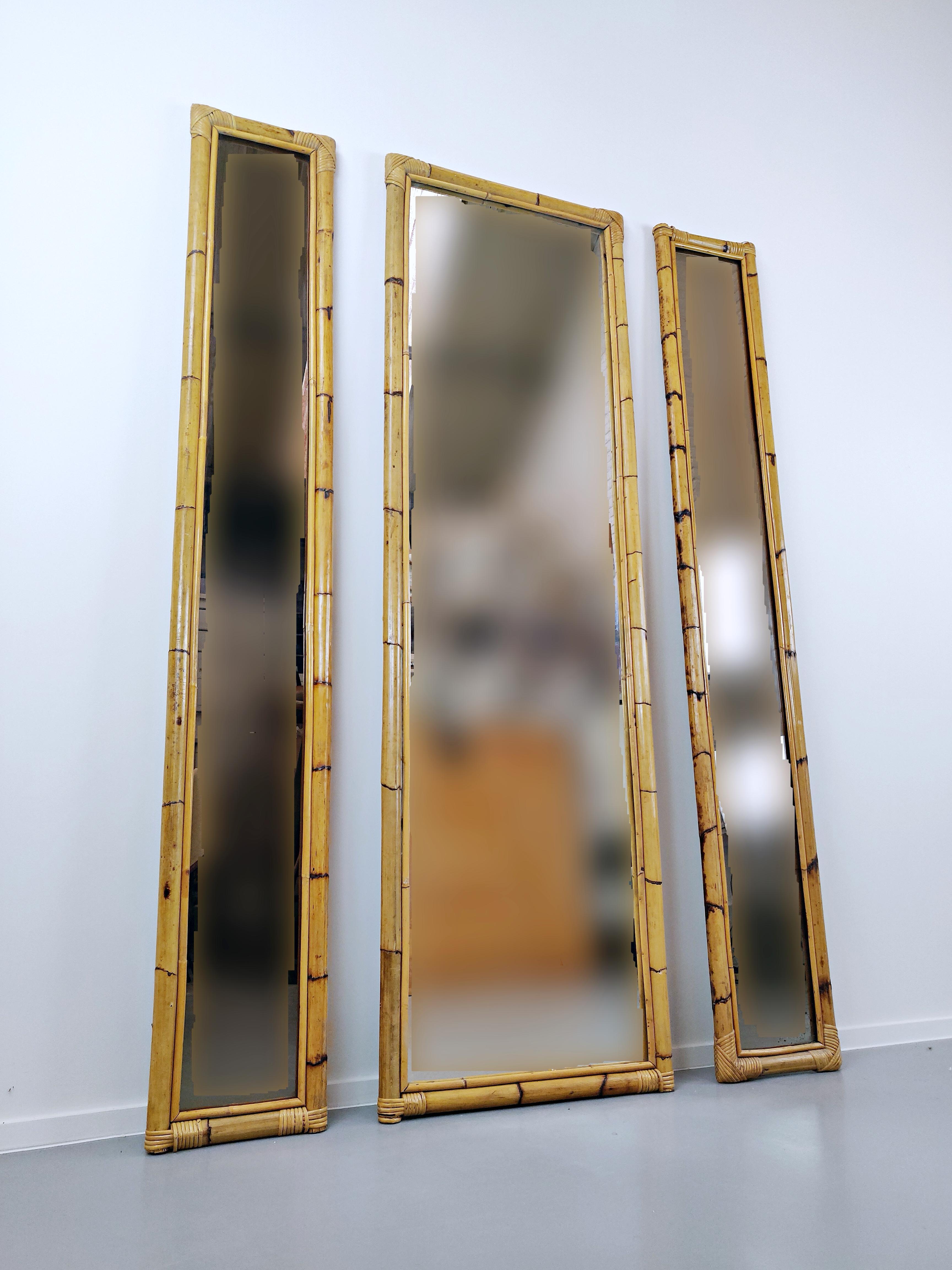 Set of 3 Mid-Century Modern Bamboo Mirrors, Italy 1