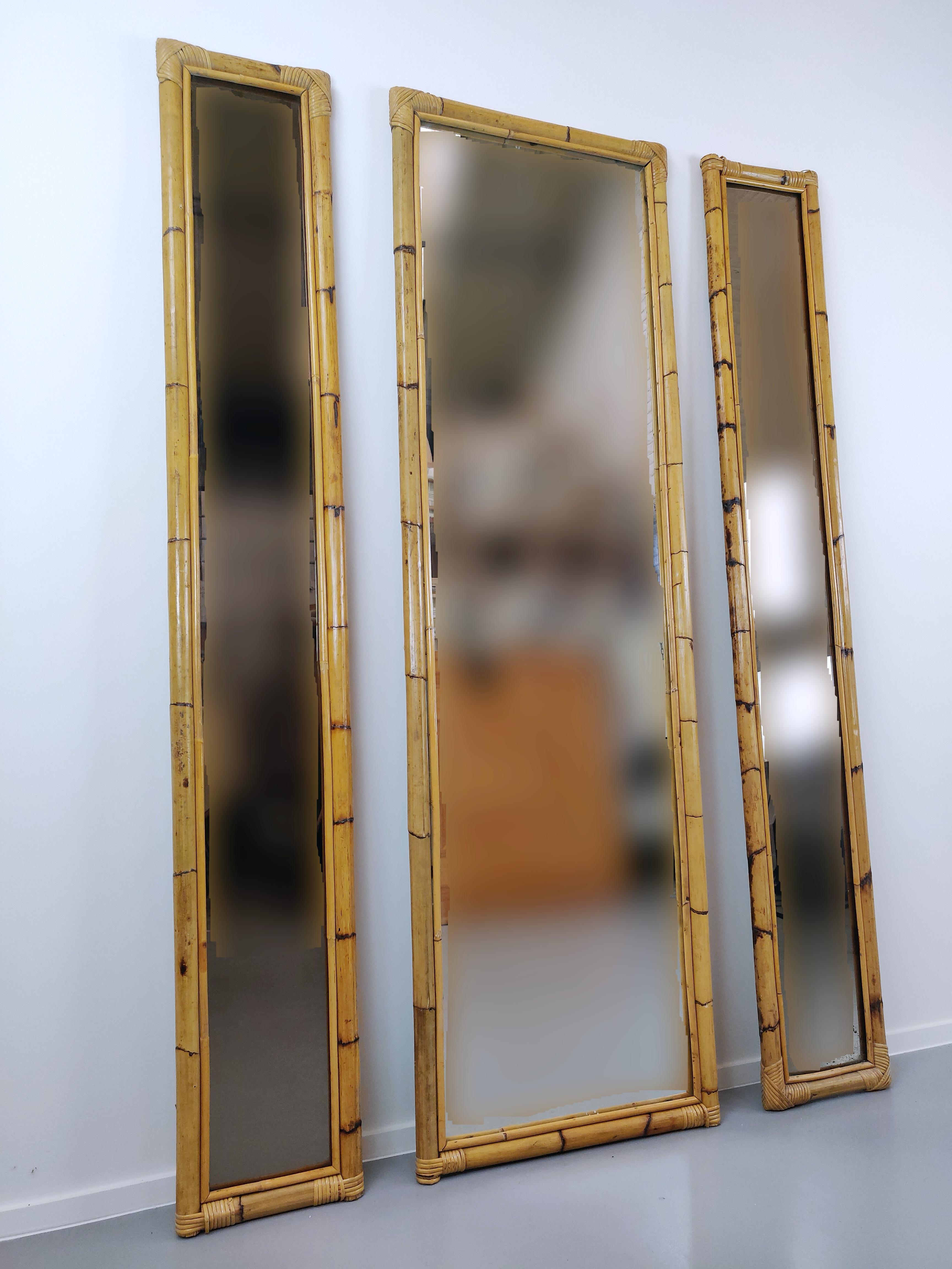 Set of 3 Mid-Century Modern Bamboo Mirrors, Italy 2