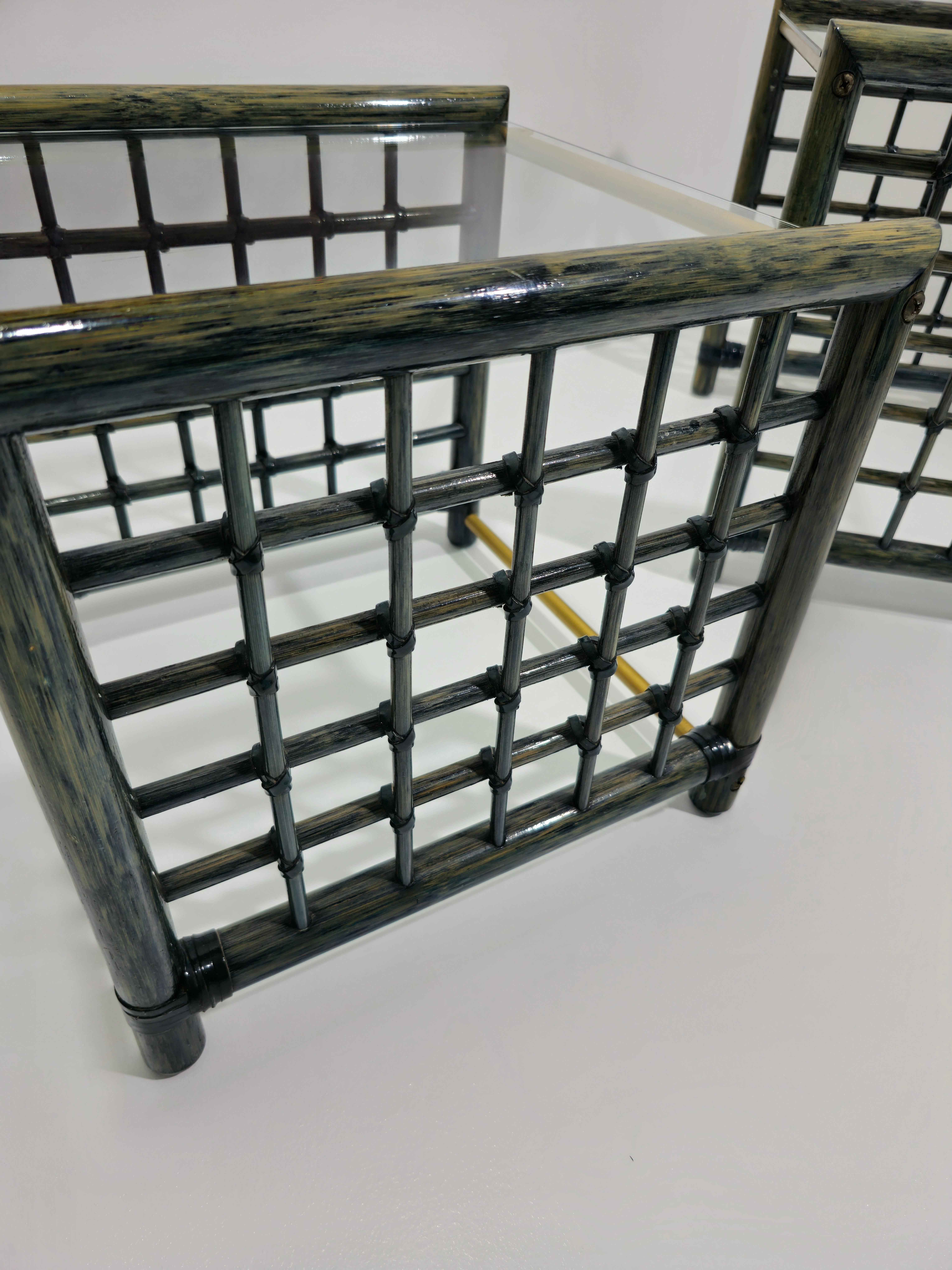 Ensemble de 3 tables gigognes en bambou avec plateau en verre Italie mi-siècle moderne 1970 en vente 2