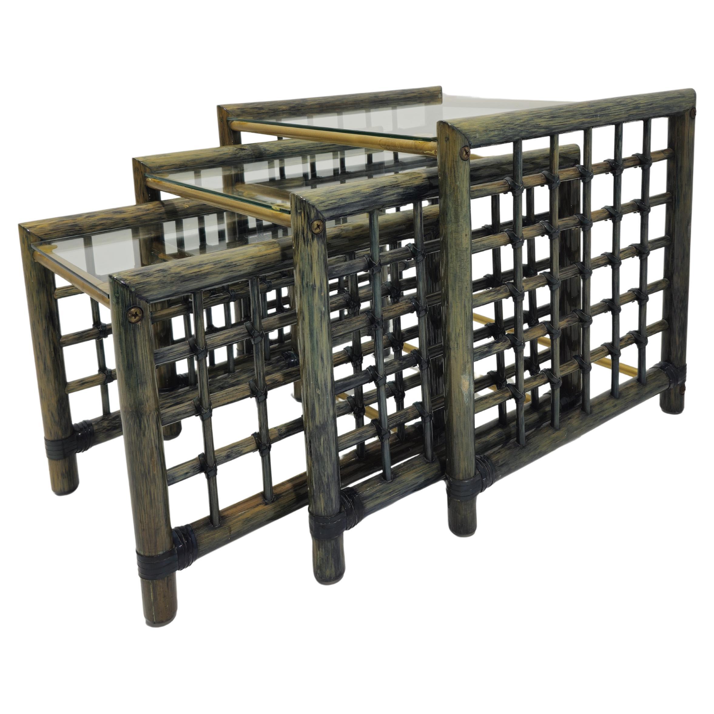 Set of 3 Bamboo Nesting Tables With Glass Top Italy Mid-Century Modern 1970s