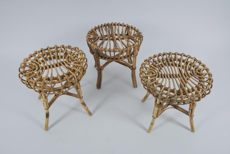 Italian Set of 3 Bamboo Stools, 1950s, Italy, Franco Albini For Sale