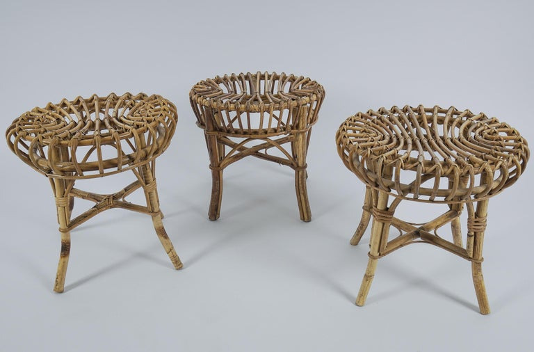 Mid-Century Modern Set of 3 Bamboo Stools, 1950s, Italy, Franco Albini For Sale