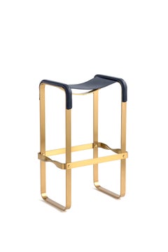 Set of 3 Bar Stool Aged Brass Metal & Navy Blue Leather Contemporary Style