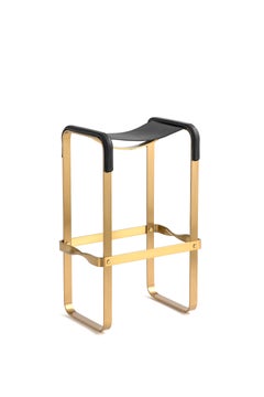 Set of 3 Contemporary Bar Stool Aged Brass Metal & Black Leather
