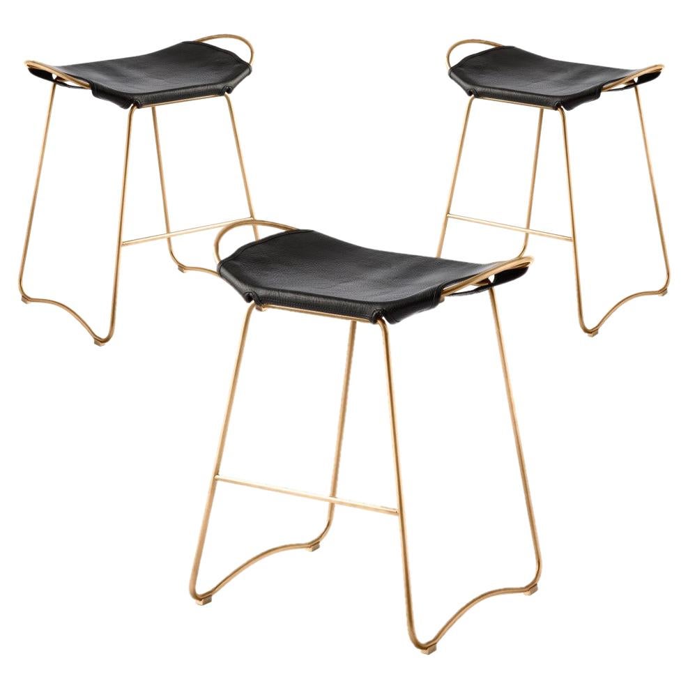 Set of 3 Contemporary Sculptural Bar Stool Aged Brass Metal & Black Leather For Sale