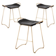 Set of 3 Contemporary Sculptural Bar Stool Aged Brass Metal & Black Leather