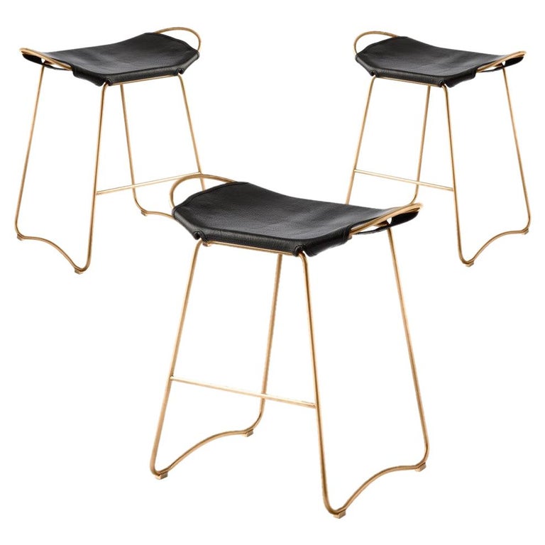 Set of 3 Contemporary Sculptural Bar Stool Aged Brass Metal and Black