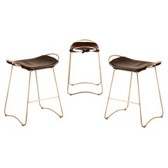 Set of 3 Bar Stool, Aged Brass Steel & Dark Brown Leather, Modern Style