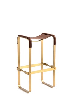 Set of 3 Contemporary Bar Stool Aged Brass Metal & Dark Brown Leather