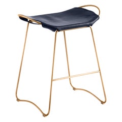 Set of 3 Contemporary Sculptural Bar Stool, Aged Brass Metal & Navy Blue Leather