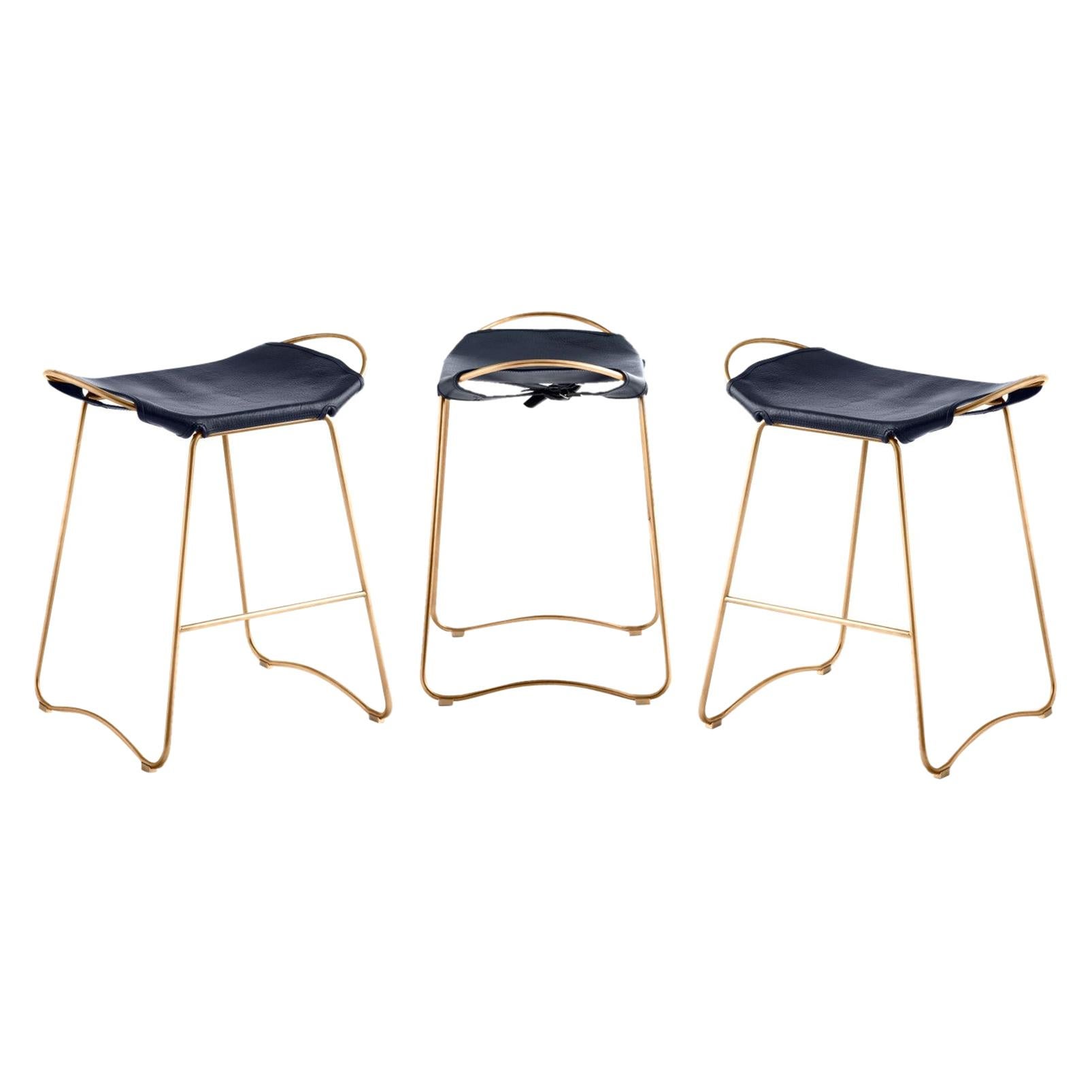 Set of 3 Contemporary Sculptural Bar Stool, Aged Brass Metal & Navy Blue Leather For Sale