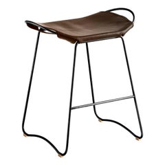 Set of 3 Contemporary Bar Stool, Black Smoke Metal and Dark Brown Leather