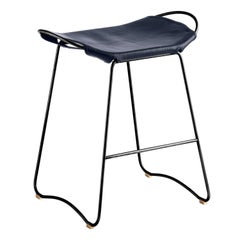 Set of 3 Bar Stool, Black Smoke Steel and Navy Blue Leather, Contemporary Style