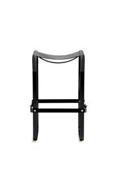 Set of 3 Contemporary Bar Stool Black Smoke Metal & Black Leather Style