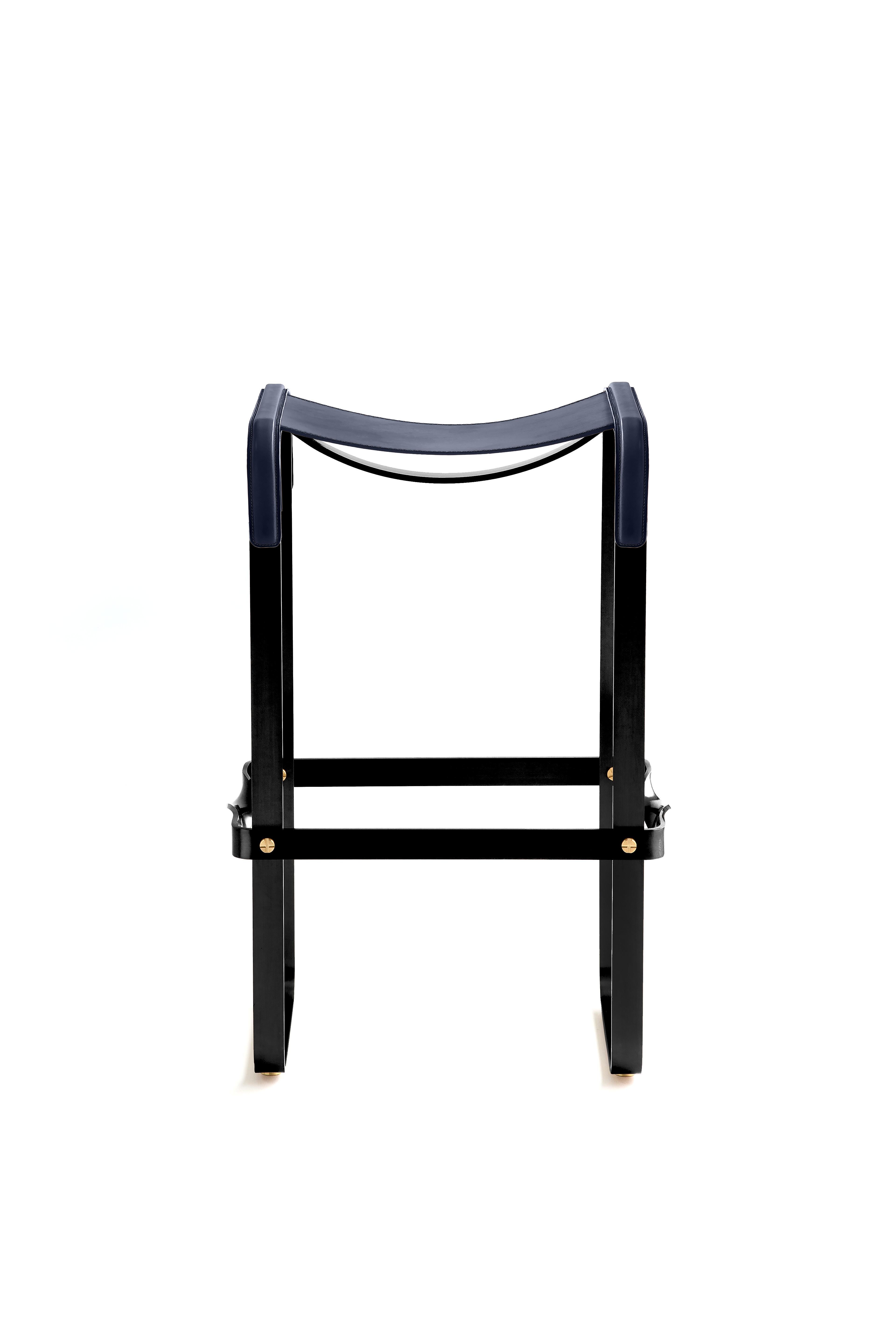 Minimalist Set of 3 Contemporary Modern Bar Stool Black Smoke Metal & Navy Blue Leather For Sale