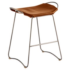 3er Set Contemporary Barhocker Alt-Silber Metall & Natur-Tabak-Leder