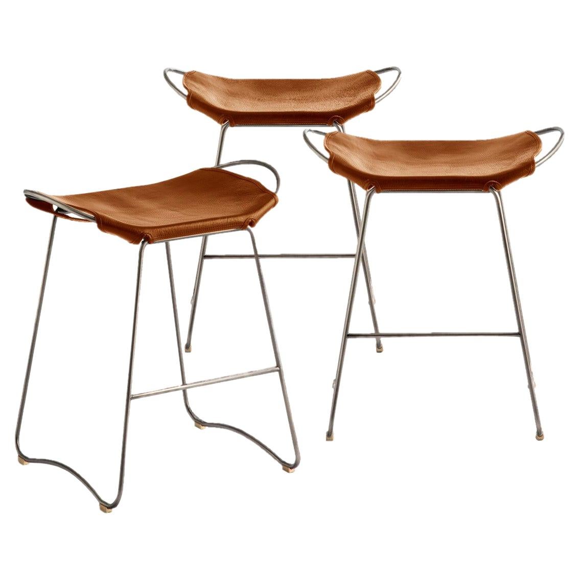 Set of 3 Contemporary Bar Stool Old Silver Metal & Natural Tobacco Leather For Sale