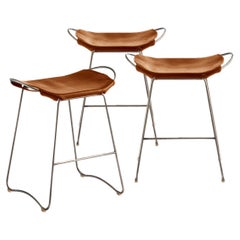 Set of 3 Bar Stool, Old Silver Steel and Natural Tobacco Leather, Modern Style