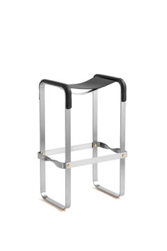 Set of 3 Contemporary Bar Stool Silver Aged Steel & Black Leather