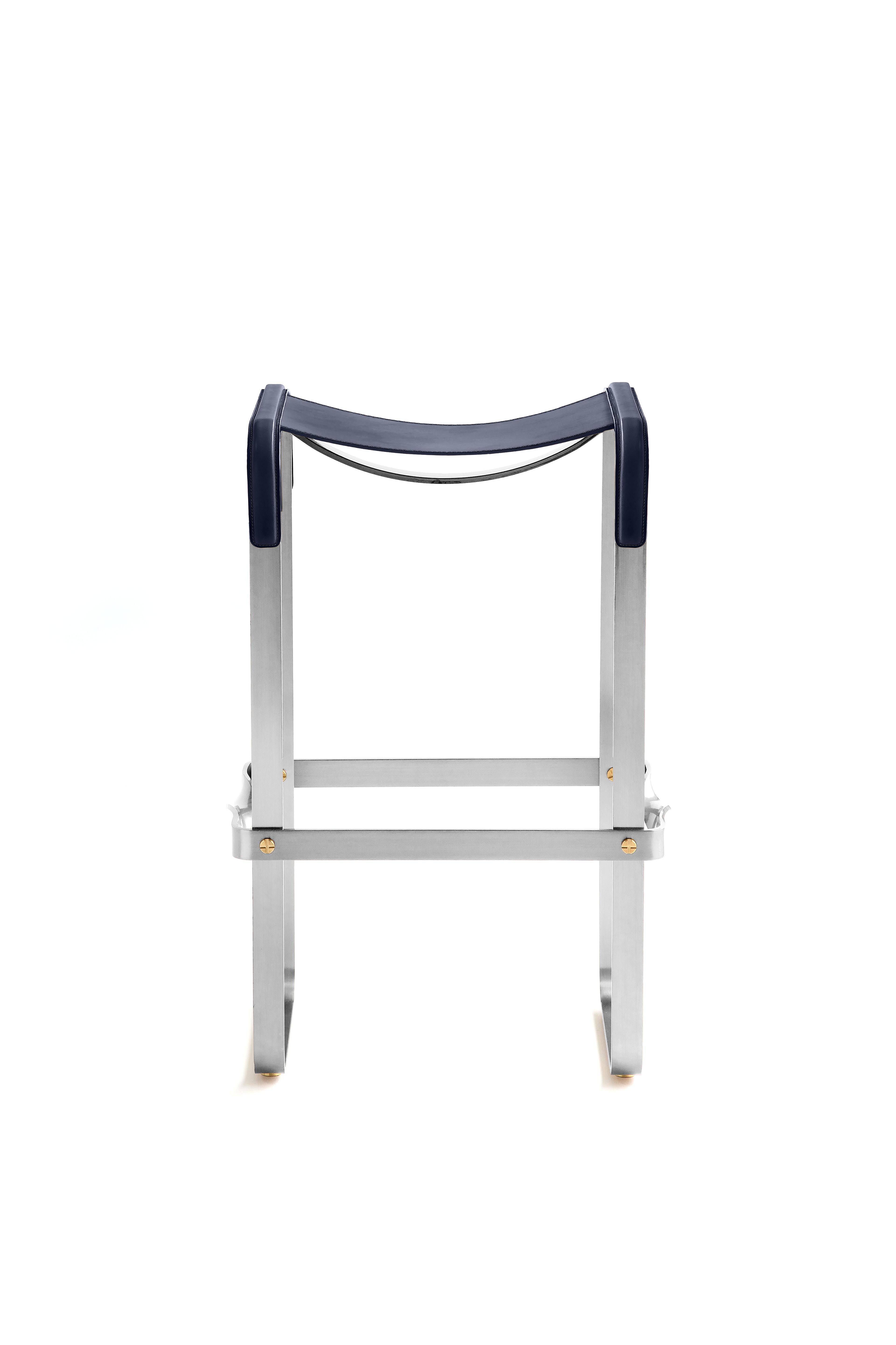 Modern Set of 3 Contemporary Bar Stool Silver Aged Metal & Navy Blue Leather For Sale