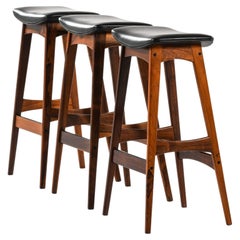 Set of 3 Bar Stools in Rosewood and Black Leather by Johannes Andersen, 1961