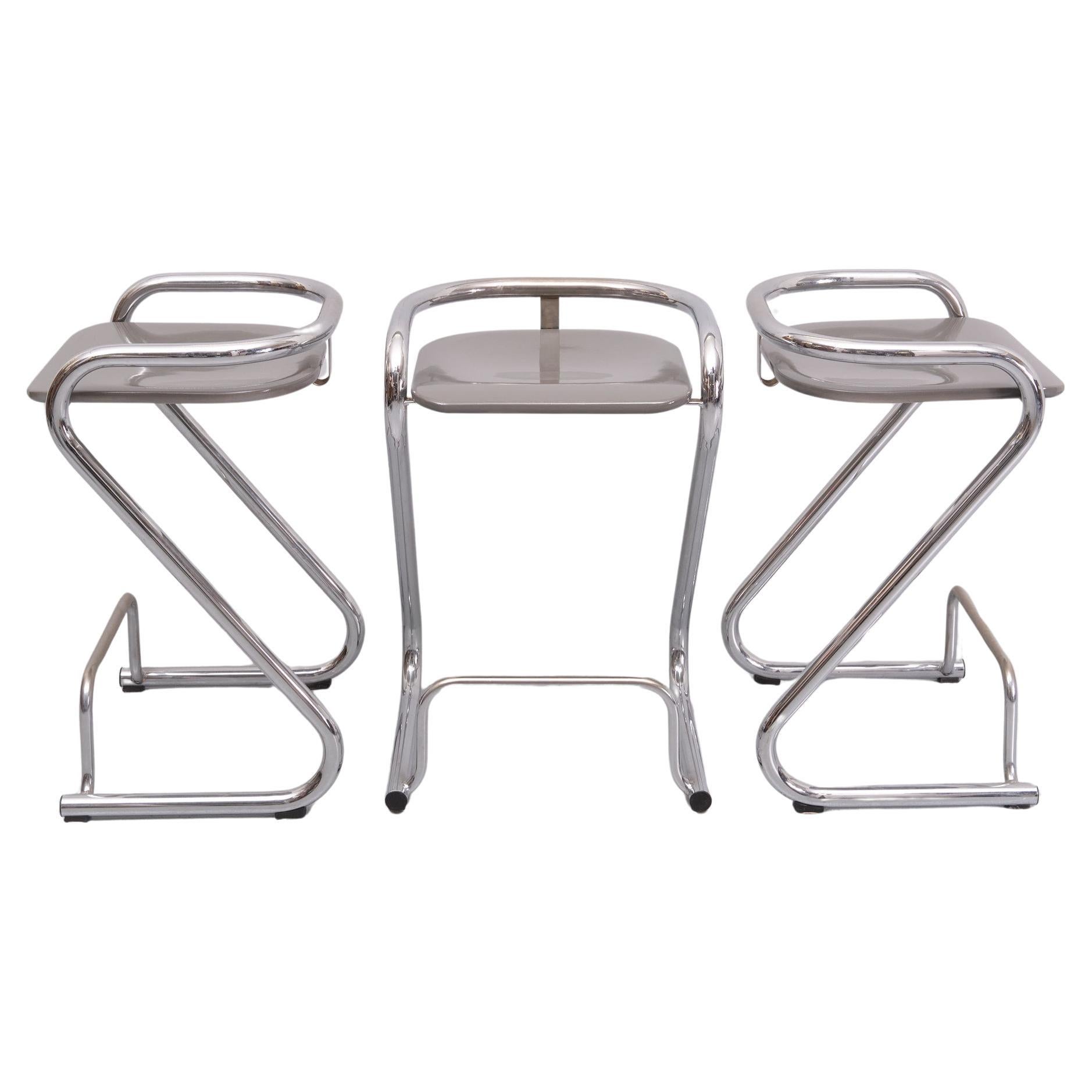 Chrome Set of 3 Bar stools S70-3 by Borge Lindau & Bo Lindekrantz for Lammhults  1960  For Sale
