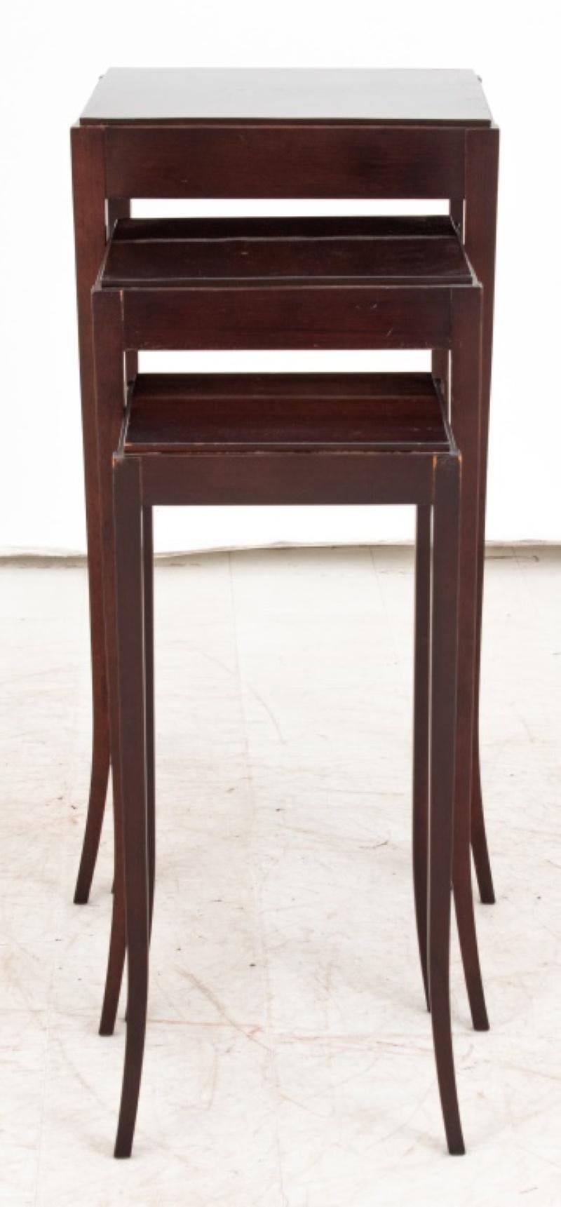 Set of Three Barbara Barry Baker Mahogany Nesting Tables, labeled to underside of smallest table. Largest: 28.5
