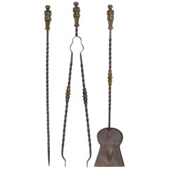 Set of 3 Baroque Revival Wrought Iron & Bronze Fireplace Tools, Mid-19th Century