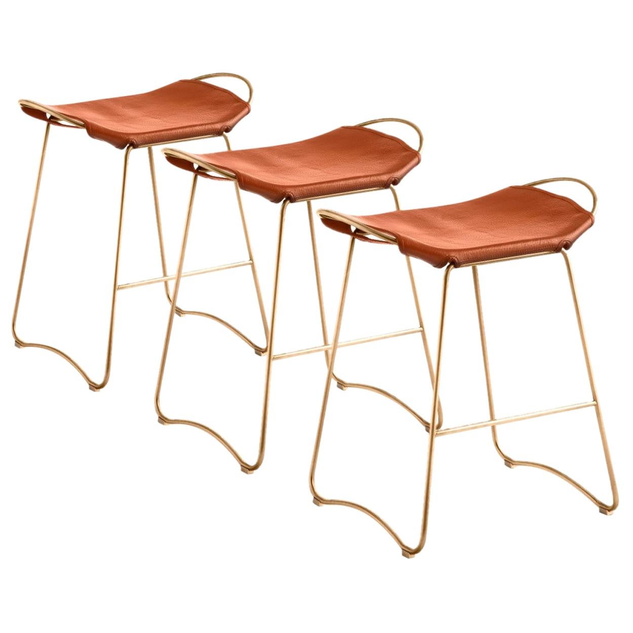 Set of 3 Contemporary Bar Stool Brass Metal & Natural Tan Tobacco Leather