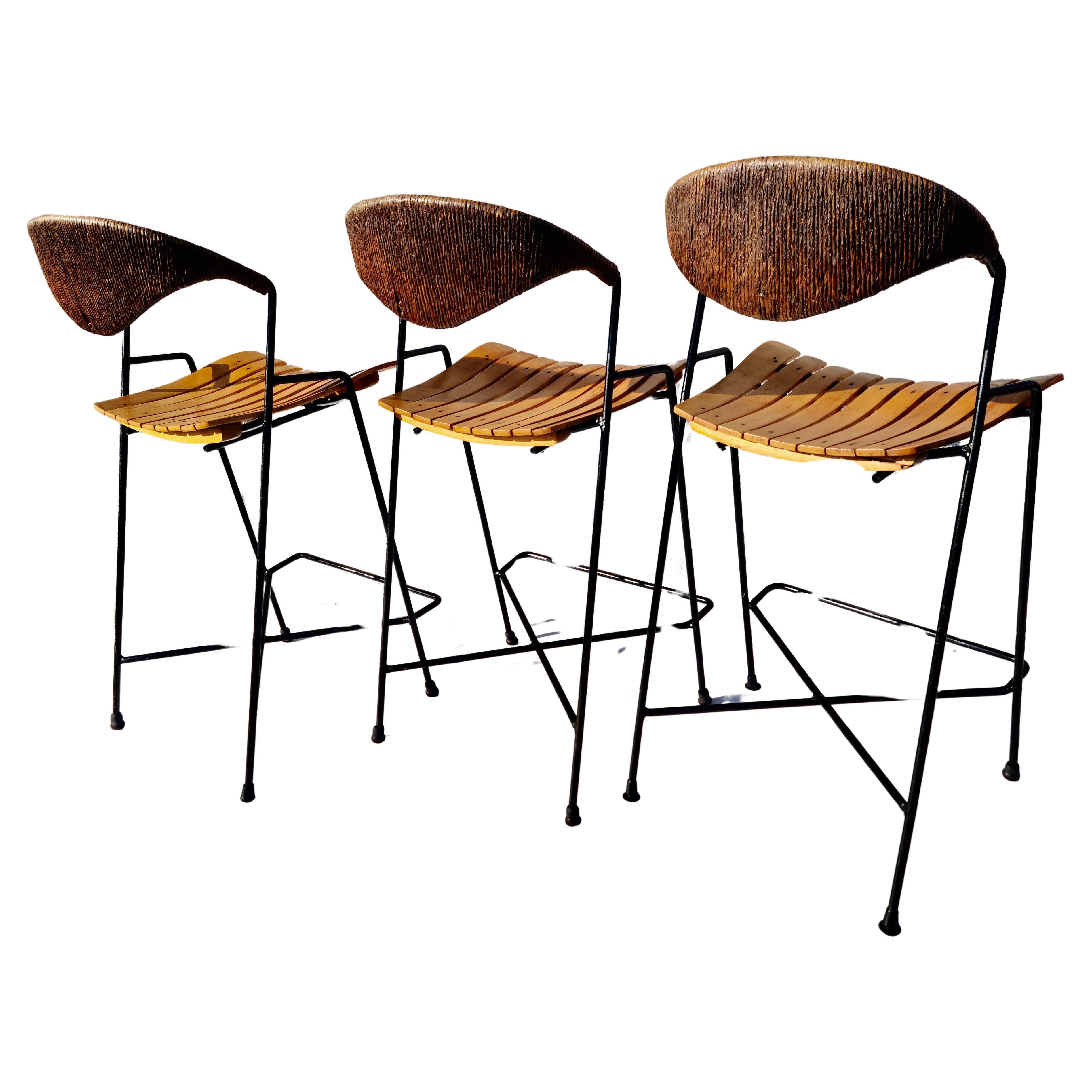 Set of 3 Barstools by Arthur Umanoff for Raymor In Good Condition For Sale In Fraser, MI