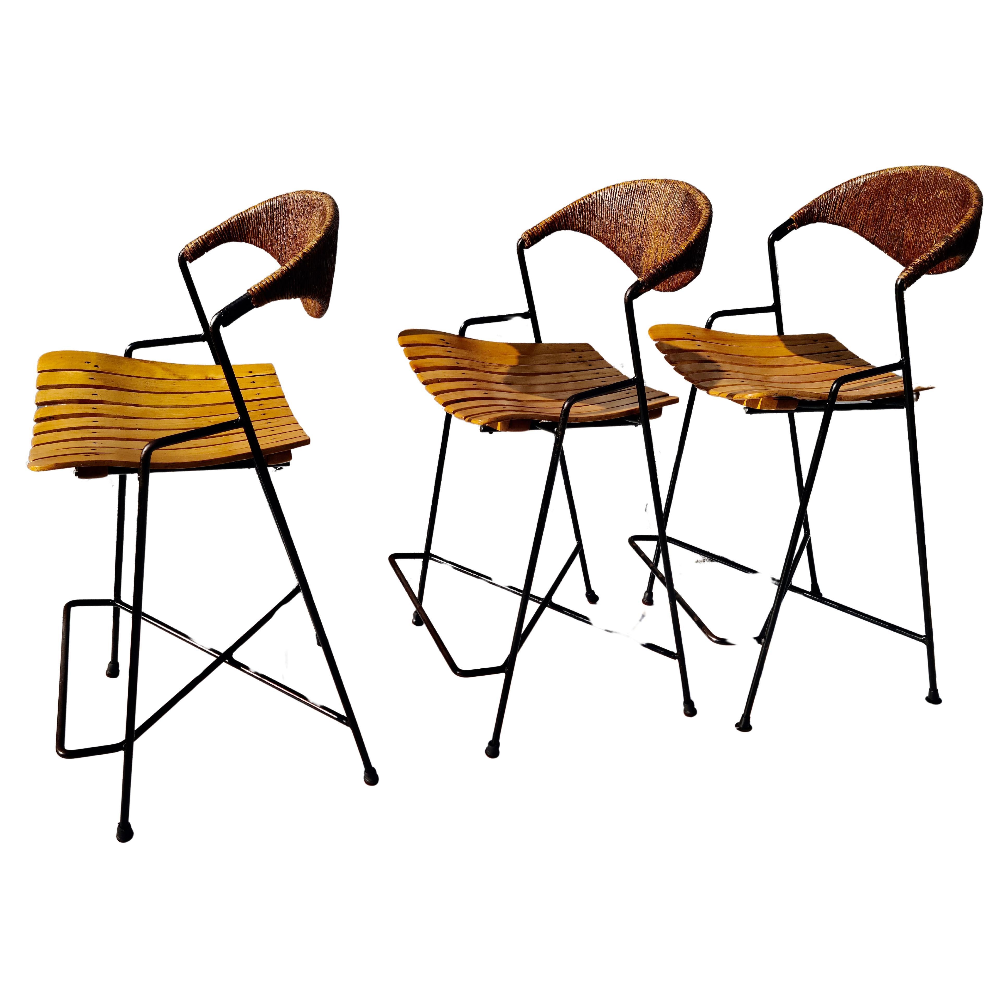 Mid-20th Century Set of 3 Barstools by Arthur Umanoff for Raymor For Sale