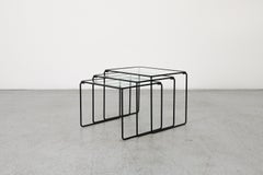 Set of 3 Bauhaus/Breuer Style Minimalist Nesting Tables with Black Wire & Glass