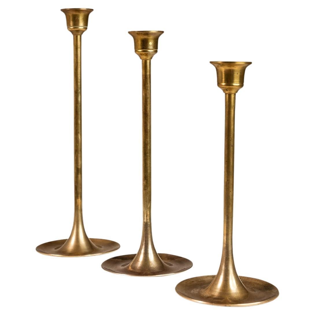 Set of 3 Bauhaus Graduated Brass Tulip-Shaped Candlestick Holders, USA, c. 1960s